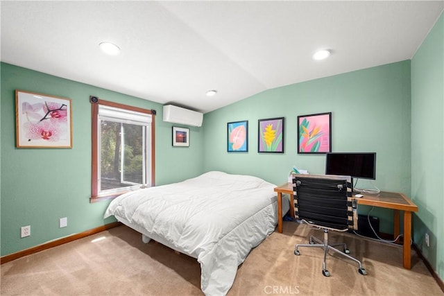 1961 Forester Creek Rd, El Cajon, CA 92021 - carpeted bedroom with baseboards, vaulted ceiling, a wall mounted AC, and recessed lighting