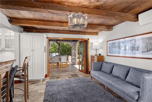 1961 Forester Creek Rd, El Cajon, CA 92021 - living area with stone tile flooring, wood ceiling with exposed beams, and a wall unit AC