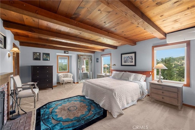 1961 Forester Creek Rd, El Cajon, CA 92021 - bedroom featuring wood ceiling with exposed beams, multiple windows, access to outside, carpet, and baseboards