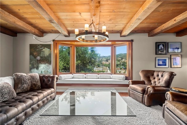 1961 Forester Creek Rd, El Cajon, CA 92021 - living area with wooden ceiling with exposed beams, a chandelier, and wood finished floors