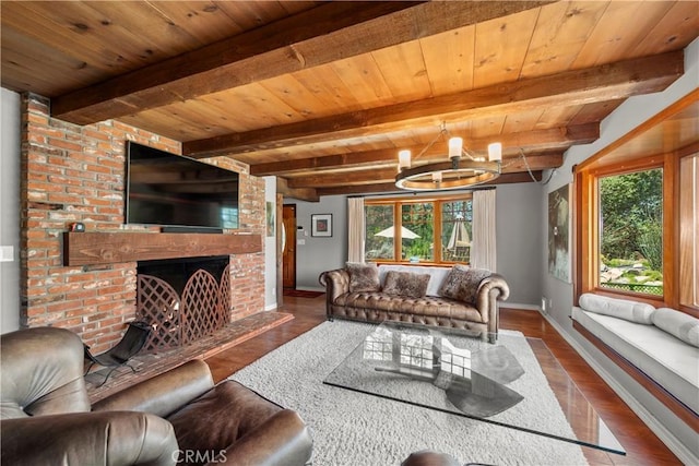 1961 Forester Creek Rd, El Cajon, CA 92021 - living area with wood ceiling with exposed beams, baseboards, wood finished floors, a chandelier, and a brick fireplace