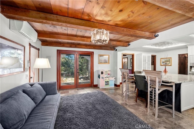 1961 Forester Creek Rd, El Cajon, CA 92021 - living area with a wall mounted air conditioner, wooden ceiling with exposed beams, french doors, stone finish flooring, and baseboards