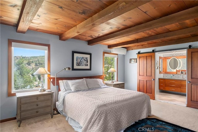1961 Forester Creek Rd, El Cajon, CA 92021 - bedroom with wood ceiling with exposed beams, light colored carpet, a barn door, connected bathroom, and baseboards