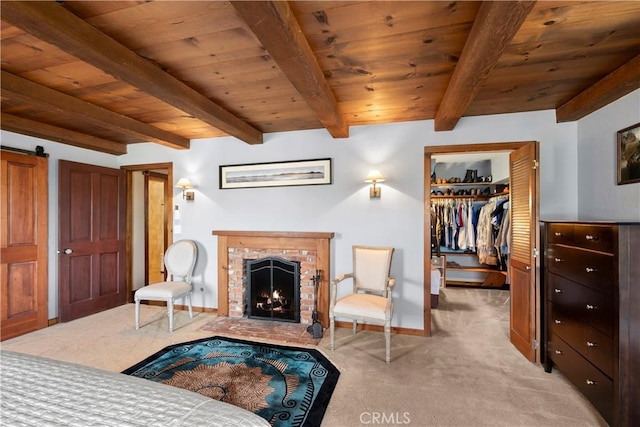 1961 Forester Creek Rd, El Cajon, CA 92021 - carpeted bedroom with wooden ceiling with exposed beams, a walk in closet, a fireplace, baseboards, and a closet