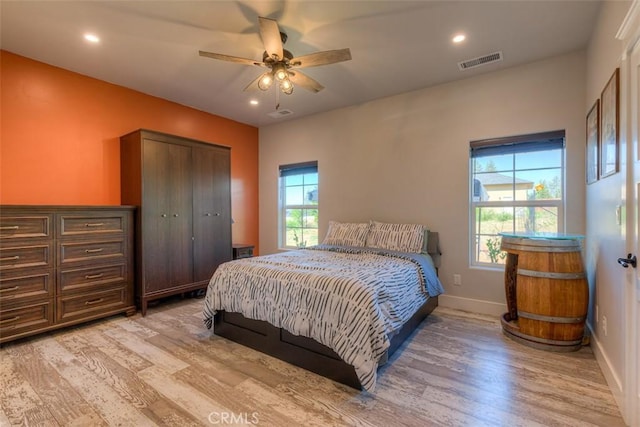 5981 Kibler Rd, Paradise, CA 95969 - bedroom featuring light wood-type flooring, baseboards, recessed lighting, a closet, and a ceiling fan