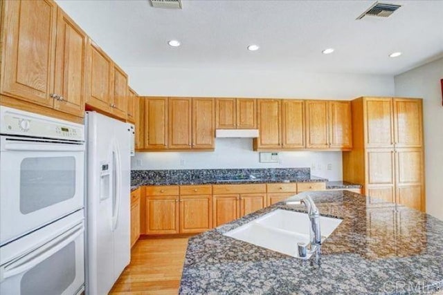 508 Hidden Ridge Ct, Encinitas, CA 92024 - kitchen featuring white appliances, light wood-style floors, under cabinet range hood, recessed lighting, and dark stone countertops