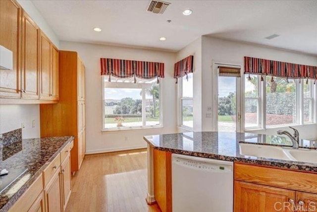508 Hidden Ridge Ct, Encinitas, CA 92024 - kitchen with white dishwasher, light wood-style floors, dark stone counters, and recessed lighting
