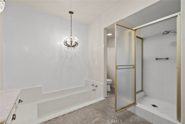 10835 Savona Rd, Los Angeles, CA 90077 - full bathroom with toilet, a shower stall, and a chandelier