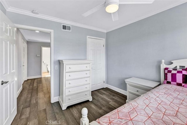 21772 Windsong Cir, Huntington Beach, CA 92646 - bedroom featuring wood finished floors, baseboards, crown molding, and ceiling fan