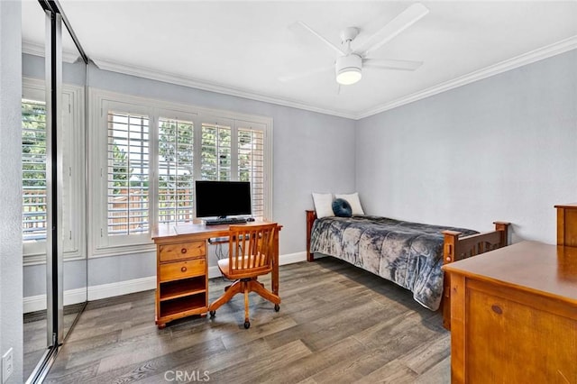 21772 Windsong Cir, Huntington Beach, CA 92646 - bedroom featuring wood finished floors, crown molding, baseboards, a desk, and ceiling fan