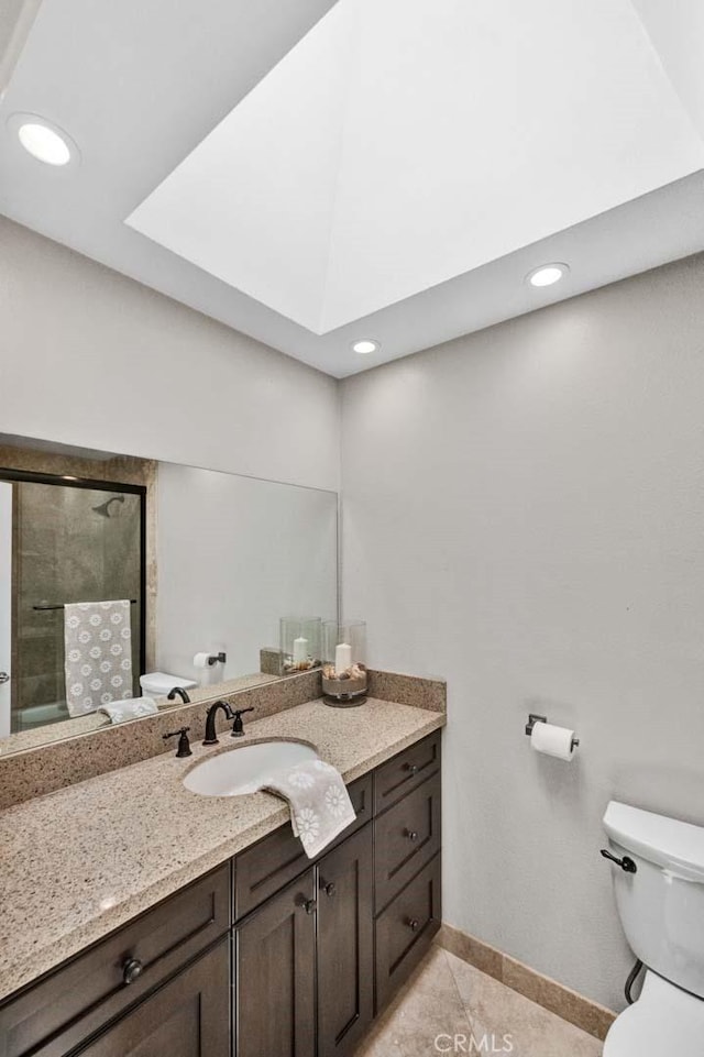 21772 Windsong Cir, Huntington Beach, CA 92646 - bathroom with toilet, tile patterned flooring, vanity, a shower stall, and recessed lighting
