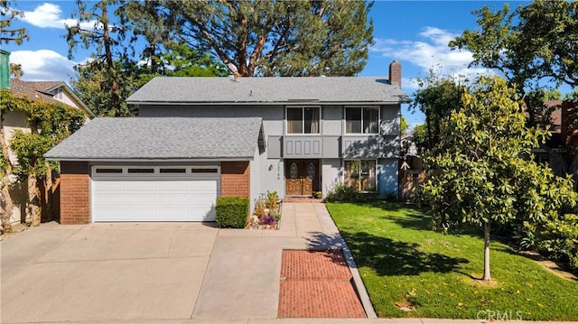 23706 Mill Valley Rd, Valencia, CA 91355 - view of front facade with brick siding, a front lawn, an attached garage, a chimney, and driveway