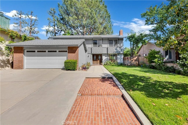 23706 Mill Valley Rd, Valencia, CA 91355 - view of front of house with brick siding, a chimney, concrete driveway, an attached garage, and a balcony
