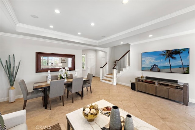 43 Flintridge, Ladera Ranch, CA 92694 - living area with a tray ceiling, recessed lighting, arched walkways, light tile patterned floors, and stairs