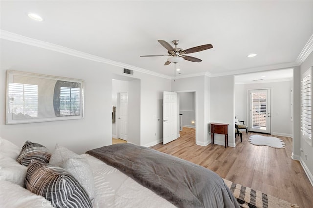 43 Flintridge, Ladera Ranch, CA 92694 - bedroom with ornamental molding, baseboards, light wood finished floors, recessed lighting, and ceiling fan