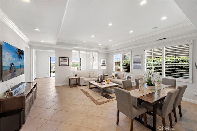 43 Flintridge, Ladera Ranch, CA 92694 - dining area with a tray ceiling, light tile patterned flooring, baseboards, recessed lighting, and ornamental molding