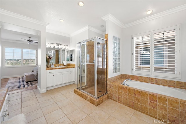 43 Flintridge, Ladera Ranch, CA 92694 - full bath with tile patterned flooring, vanity, a shower stall, ceiling fan, and recessed lighting