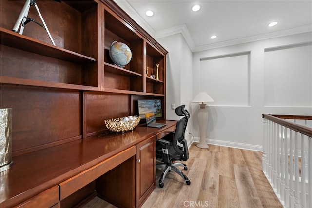 43 Flintridge, Ladera Ranch, CA 92694 - office featuring ornamental molding, light wood-style floors, recessed lighting, baseboards, and built in study area