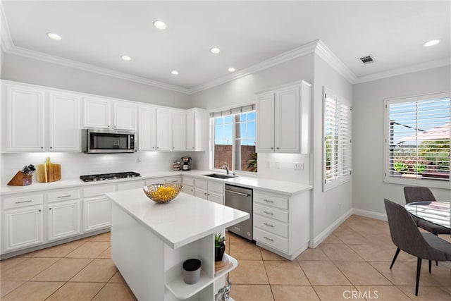 43 Flintridge, Ladera Ranch, CA 92694 - kitchen featuring appliances with stainless steel finishes, a sink, open shelves, decorative backsplash, and healthy amount of natural light