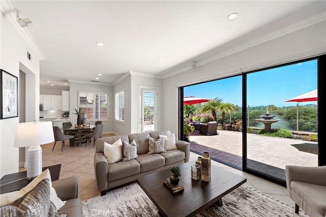 43 Flintridge, Ladera Ranch, CA 92694 - living area with light tile patterned floors, recessed lighting, and ornamental molding