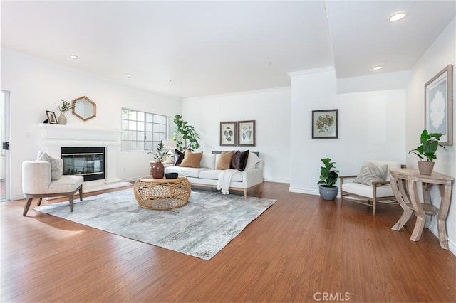 18 Fano St Unit 2, Arcadia, CA 91006 - living area with wood finished floors, a glass covered fireplace, baseboards, and recessed lighting