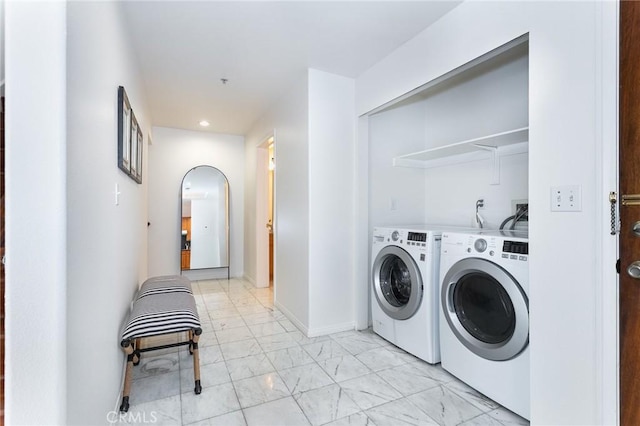 18 Fano St Unit 2, Arcadia, CA 91006 - washroom with washing machine and dryer, light marble finish floors, and recessed lighting