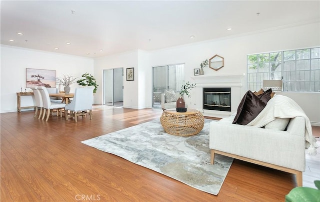 18 Fano St Unit 2, Arcadia, CA 91006 - living area with ornamental molding, wood finished floors, a glass covered fireplace, recessed lighting, and baseboards