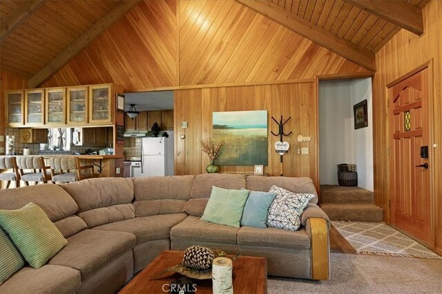 267 Pioneer Rd, Lake Arrowhead, CA 92317 - living area featuring wood walls, carpet flooring, and wooden ceiling