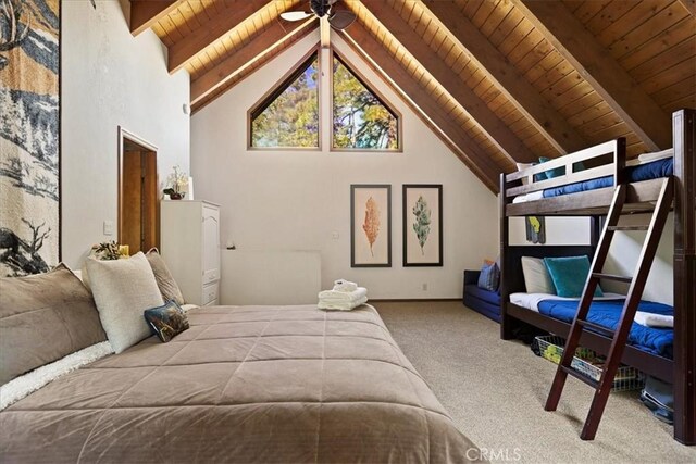 267 Pioneer Rd, Lake Arrowhead, CA 92317 - carpeted bedroom with wood ceiling with exposed beams and high vaulted ceiling
