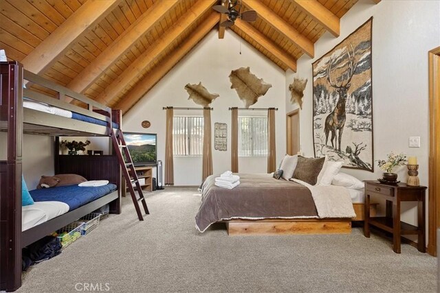 267 Pioneer Rd, Lake Arrowhead, CA 92317 - carpeted bedroom with wood ceiling with exposed beams and high vaulted ceiling
