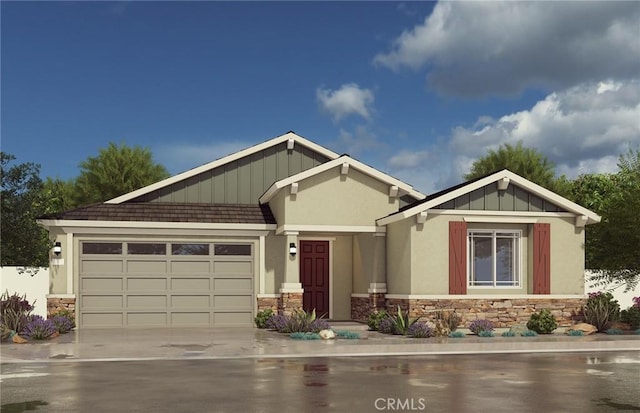 29675 Courage Ct, Menifee, CA 92584 - craftsman-style home with stone siding, a garage, concrete driveway, and stucco siding