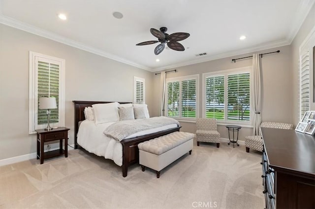 bedroom featuring baseboards, crown molding, light colored carpet, recessed lighting, and a ceiling fan