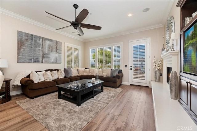 living room featuring light wood-style floors, crown molding, a ceiling fan, baseboards, and a lit fireplace