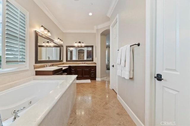bathroom featuring crown molding, a bath, vanity, and baseboards