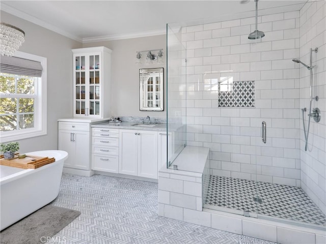 6443 W 81st St, Los Angeles, CA 90045 - bathroom with a stall shower, a soaking tub, vanity, and ornamental molding