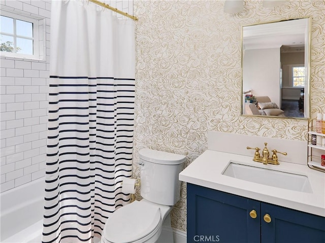 6443 W 81st St, Los Angeles, CA 90045 - full bathroom with wallpapered walls, toilet, vanity, and shower / bath combo