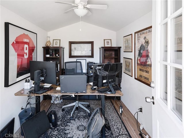 6443 W 81st St, Los Angeles, CA 90045 - office featuring wood finished floors, lofted ceiling, and ceiling fan