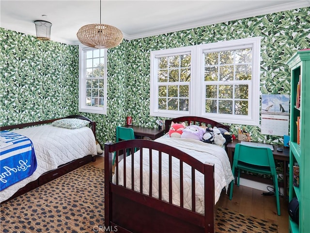 6443 W 81st St, Los Angeles, CA 90045 - bedroom featuring wallpapered walls, crown molding, and wood finished floors