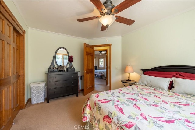 919 S Waldstrasse Way, Big Bear Lake, CA 92314 - carpeted bedroom featuring crown molding, a ceiling fan, and a closet