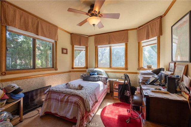 919 S Waldstrasse Way, Big Bear Lake, CA 92314 - bedroom featuring multiple windows, crown molding, a wainscoted wall, and a ceiling fan