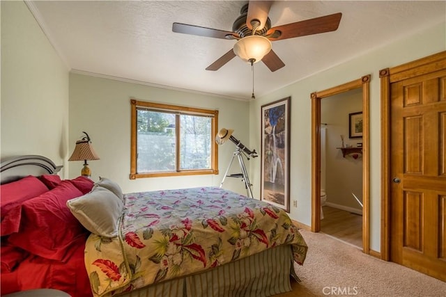 919 S Waldstrasse Way, Big Bear Lake, CA 92314 - bedroom featuring carpet, baseboards, crown molding, and a ceiling fan