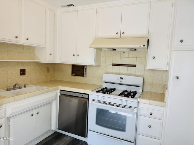 1810 Ramona Ave Unit 15, South Pasadena, CA 91030 - kitchen featuring white gas range, dishwasher, extractor fan, white cabinets, and tasteful backsplash