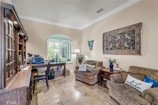 office space featuring crown molding, stone tile floors, and baseboards