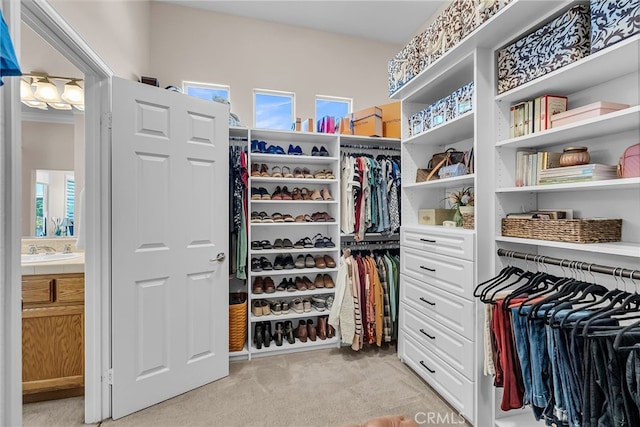 spacious closet with light colored carpet and a sink