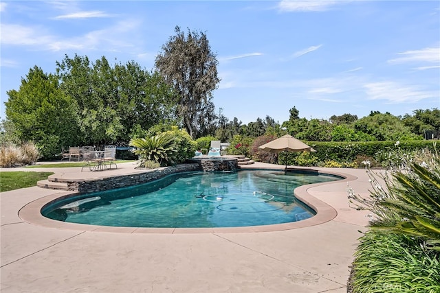 swimming pool with a patio, an in-ground hot tub, and view of wooded area