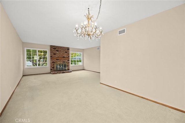 2148 Aquinas Ave, Claremont, CA 91711 - unfurnished living room featuring a chandelier, baseboards, carpet, and a brick fireplace