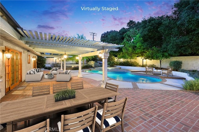 2148 Aquinas Ave, Claremont, CA 91711 - view of swimming pool featuring an outdoor hangout area, a pergola, a fenced backyard, a jacuzzi, and a patio