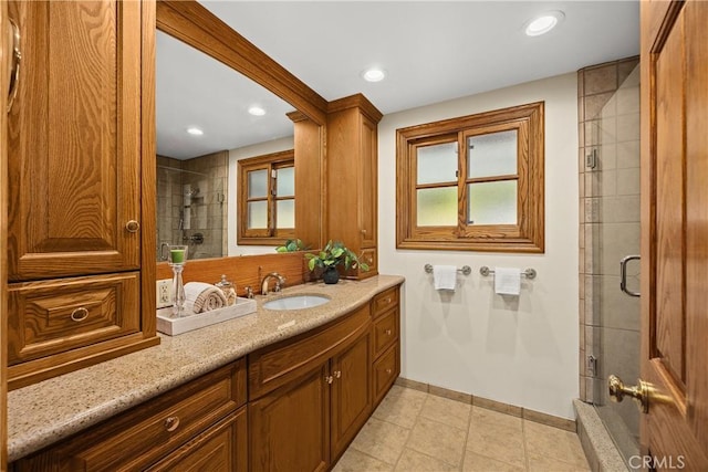 2148 Aquinas Ave, Claremont, CA 91711 - full bathroom featuring a tile shower, baseboards, vanity, recessed lighting, and tile patterned flooring