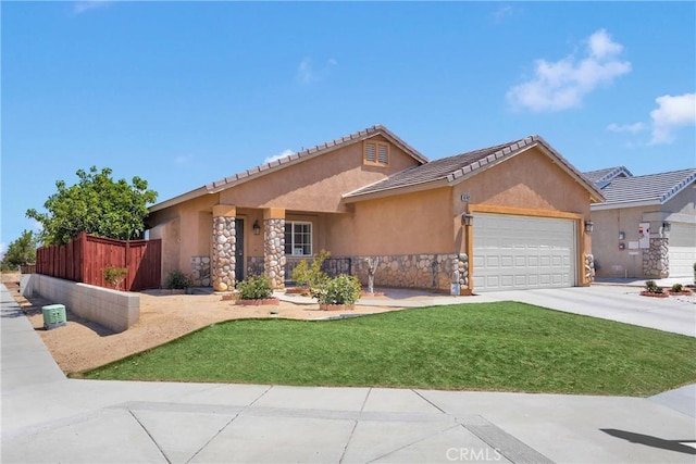 16702 Hastings Pl, Victorville, CA 92395 - single story home with stucco siding, a garage, stone siding, and concrete driveway