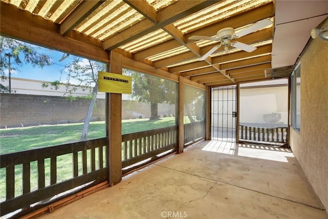 638 W Villa Chaparral Rd, San Jacinto, CA 92583 - unfurnished sunroom featuring ceiling fan